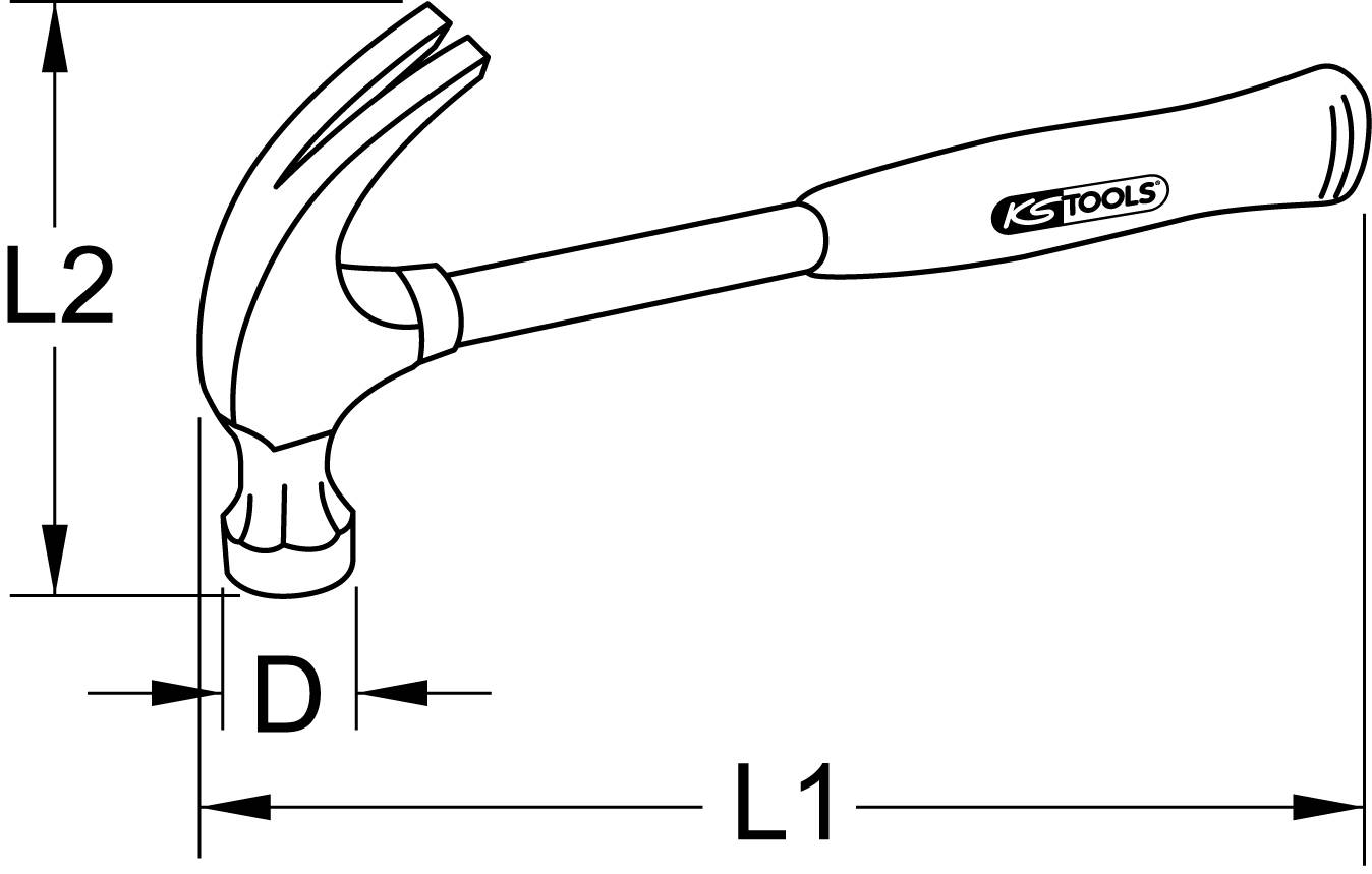 Strichzeichnung eines Hammers mit Maßen: Kopflänge (L2), Grifflänge (L1), Durchmesser (D). Fokus auf Werkzeugdesign und Proportionen.
