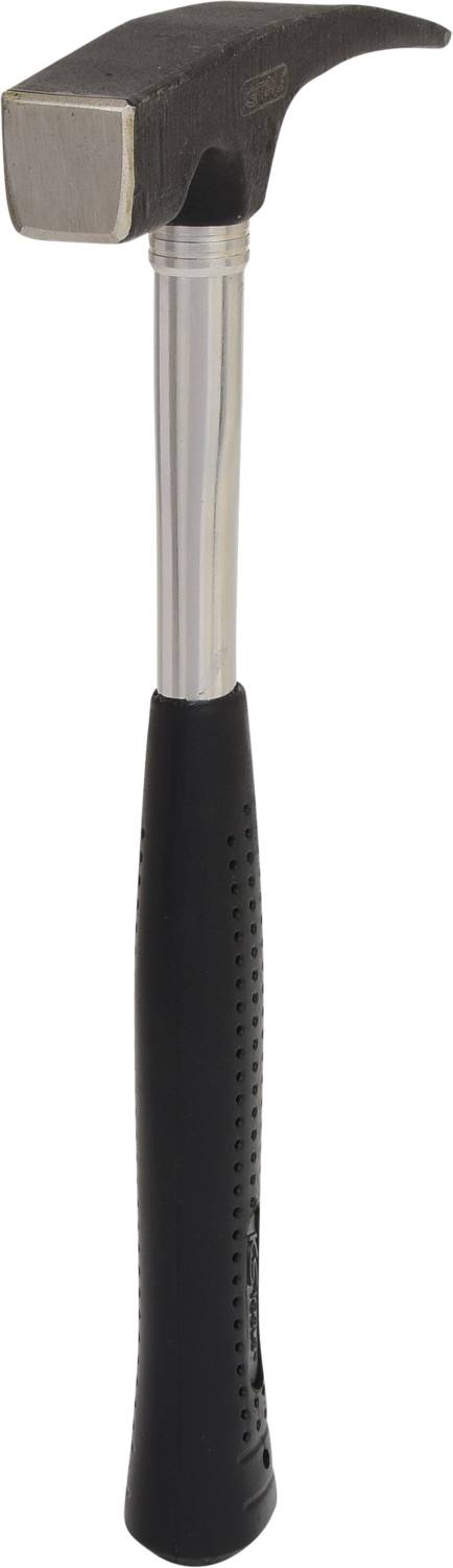 Ein Hammer mit schwarzem Griff und silbernem Kopf, abgebildet aufrecht stehend, verwendet zum Hämmern von Nägeln oder anderen Befestigungen.