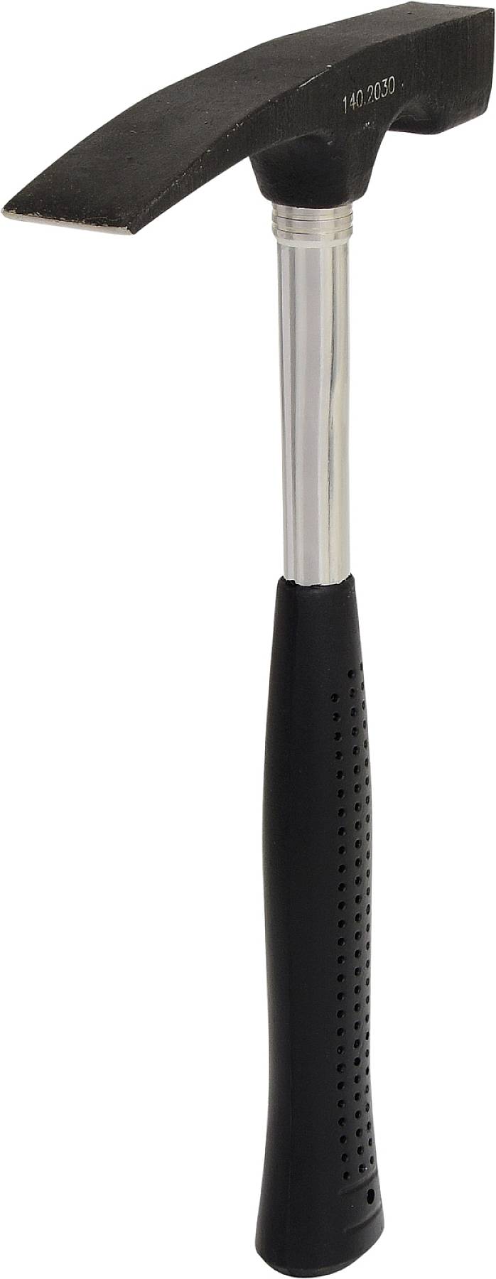 Ein Schieferhammer mit schwarzem Kopf, silbernem Hals und schwarzem Griff. Wird zum Bearbeiten von Schieferplatten verwendet.