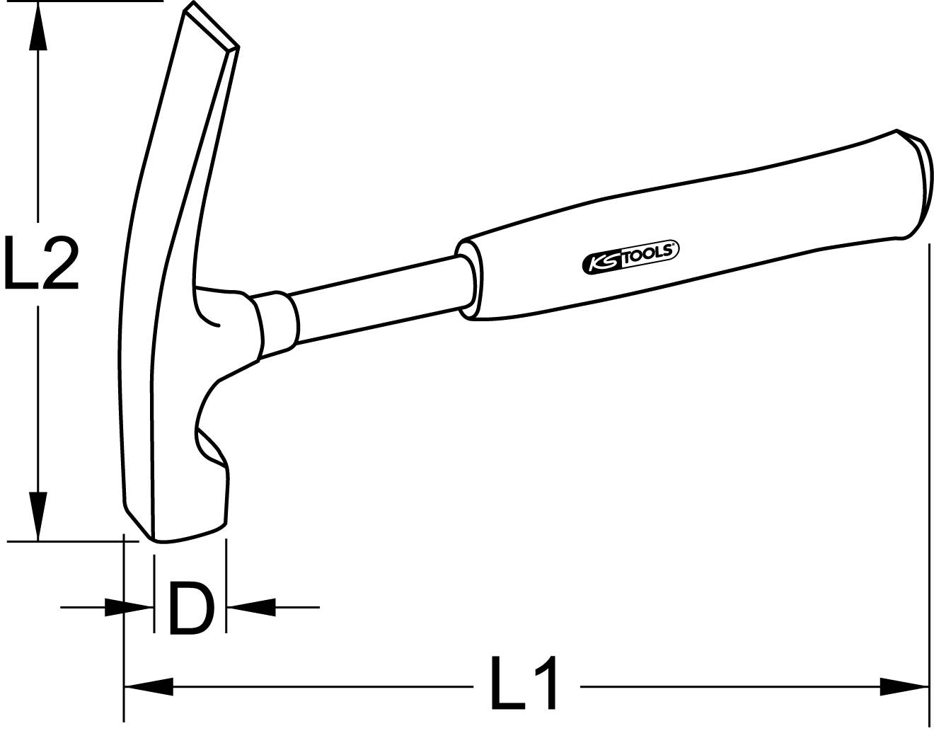 Skizze eines Hammers mit gebogenem Kopf, markiert mit Maßen L1, L2 und D. Der Griff ist mit dem Logo von KS Tools versehen.