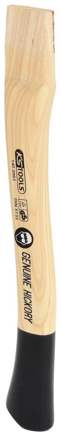 Holzgriff eines Werkzeugs mit Markenlogos und Aufschrift 'Forged Carbon Hickory'. Dunkel gefärbte untere Spitze.