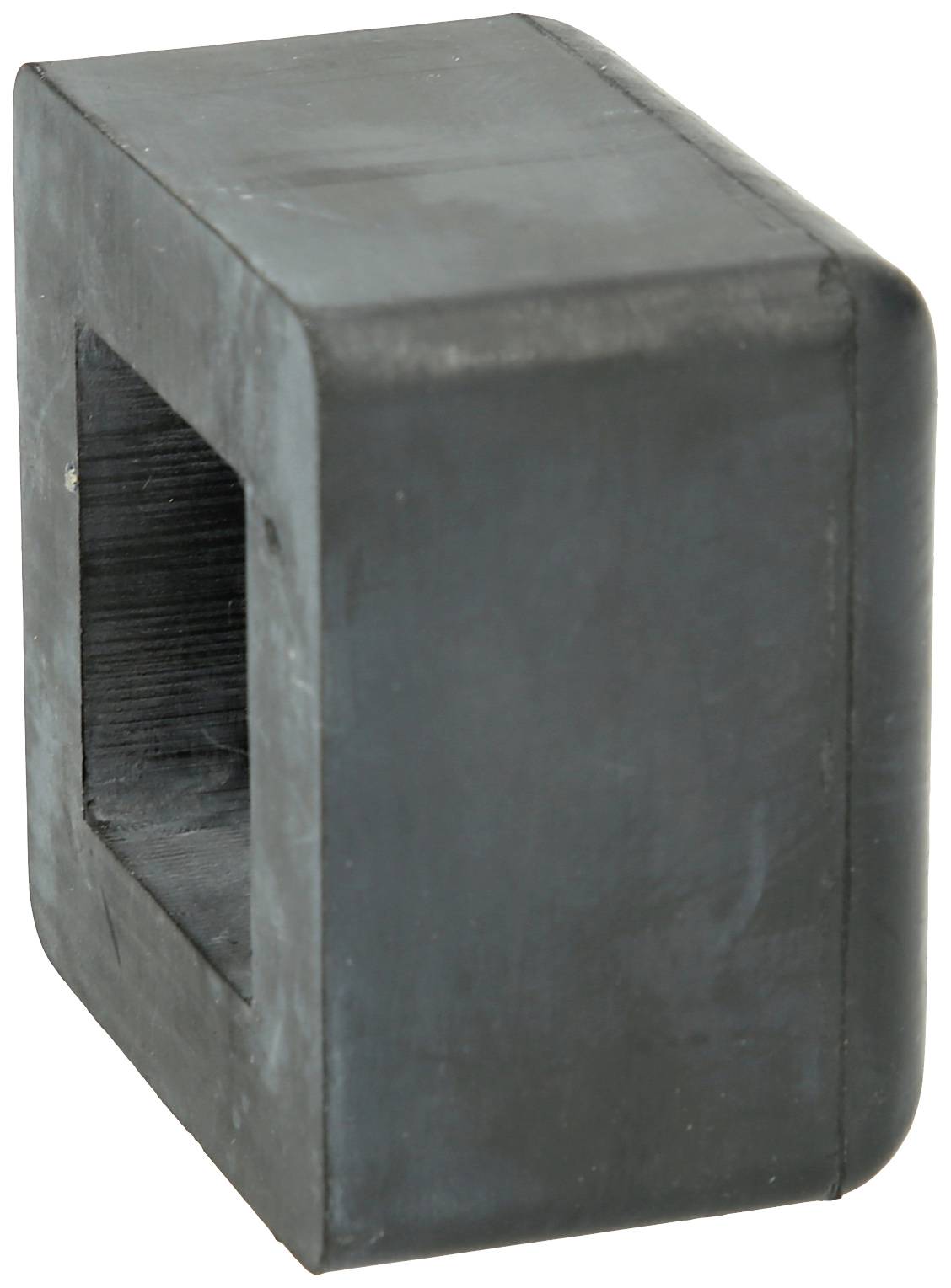 Ein rechteckiger, dunkelgrauer Metallblock mit einem quadratischen Hohlraum.