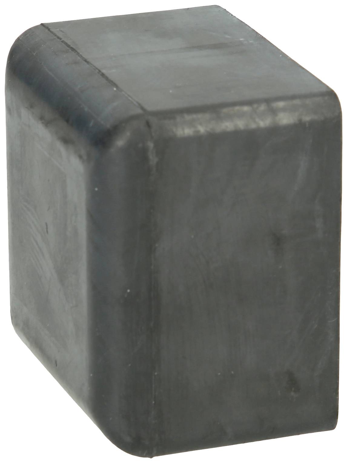 Schwarzer Kunststoffblock, rechteckig, mit abgerundeten Kanten, dient als Stopper oder Einsatz in technischen Anwendungen.