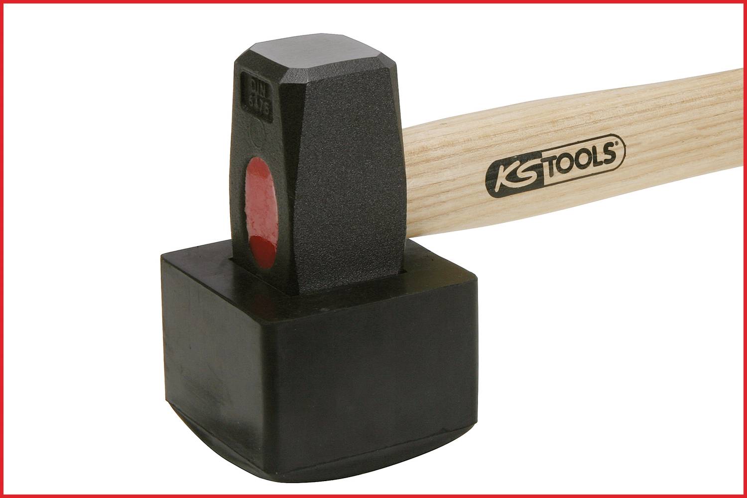 Ein Hammer mit schwarzem Kopf und Holzgriff der Marke 'KS Tools'.