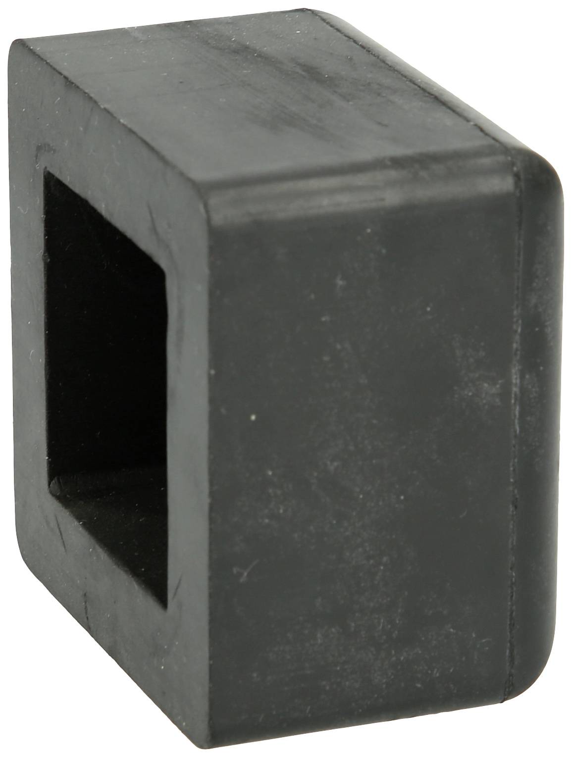 Schwarzer Gummiabschluss, rechteckige Form mit quadratischer Öffnung, dient als Schutzkappe für Metallstangen oder -rohre.