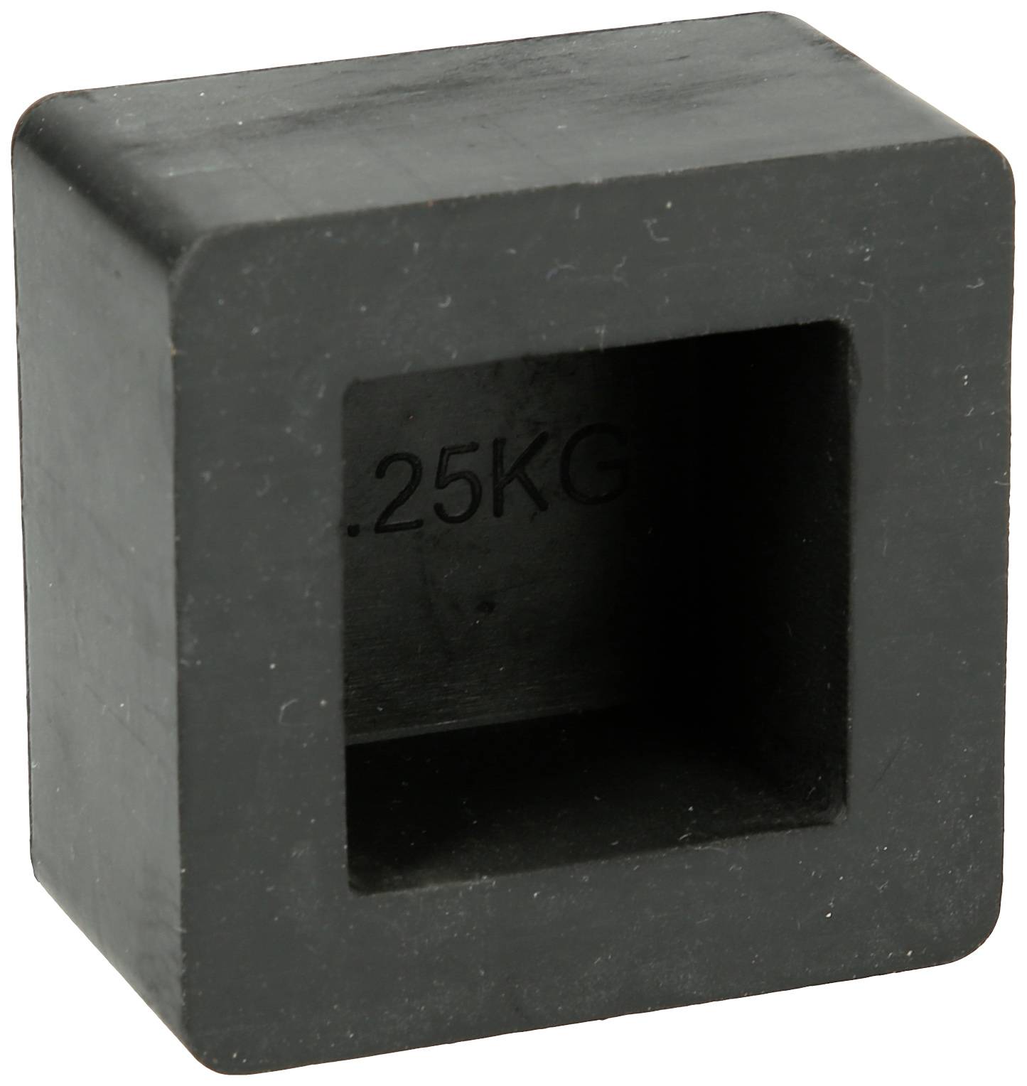 Schwarzer, quadratischer Gummi-Puffer mit hohlem Inneren und der Aufschrift '25KG'. Geeignet als Stoßdämpfer oder Gewicht.