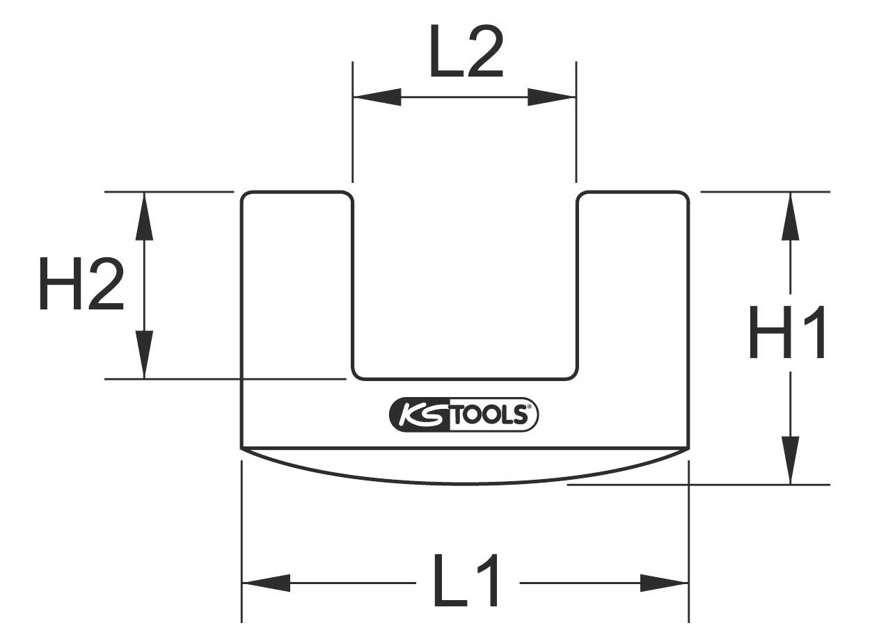 Maßzeichnung eines Werkzeugs mit U-Form, KS Tools-Logo in der Mitte. Beschriftungen: L1, L2, H1, H2 zeigen Abmessungen an.