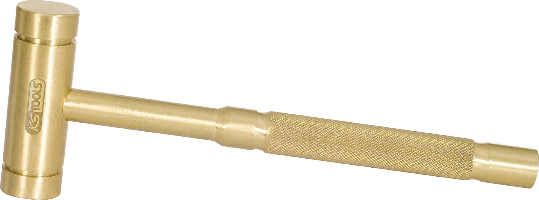 Ein hammerartiges Werkzeug aus glänzendem Metall mit einem zylindrischen Kopf und geriffelten Griff, vermutlich für präzise Arbeiten.