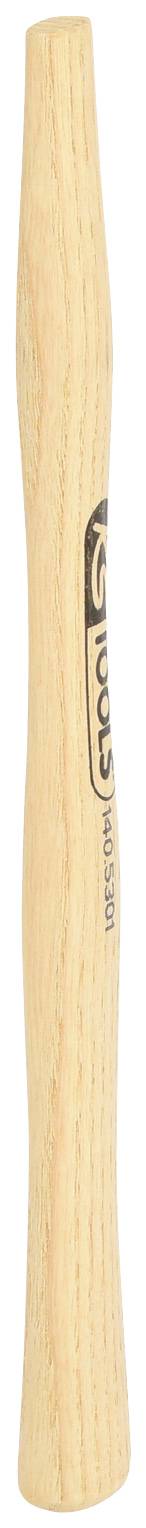 Holzgriff eines Werkzeugs mit schwarzem Aufdruck.