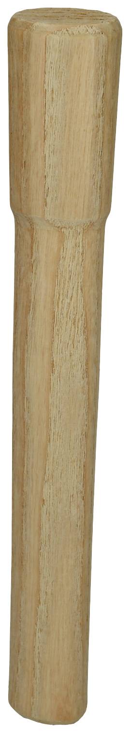 Ein hölzerner, zylindrischer Stab mit abgerundeten Enden, möglicherweise ein Bestandteil eines Werkzeugs oder Instruments.