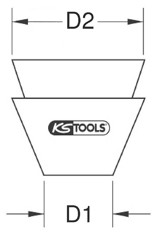 Diagramm eines Kegels mit zwei Durchmessern D1 und D2. Das Logo von KS Tools ist in der Mitte des Kegels platziert.