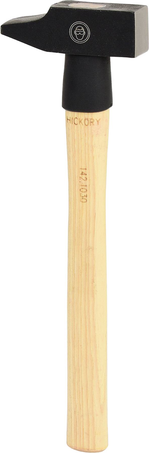 Ein Hammer mit hölzernem Griff und schwarzem Metallkopf. Der Griff ist aus Hickory-Holz gefertigt.