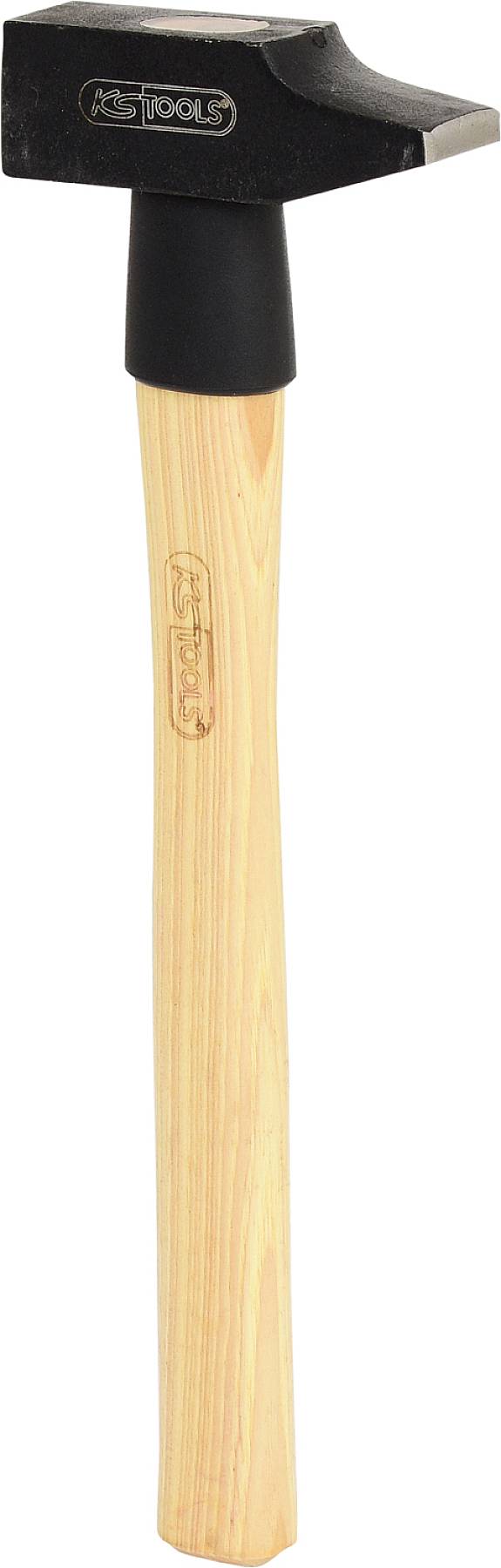 Holzhammer mit schwarzem Kopf und langem, hellem Holzgriff.