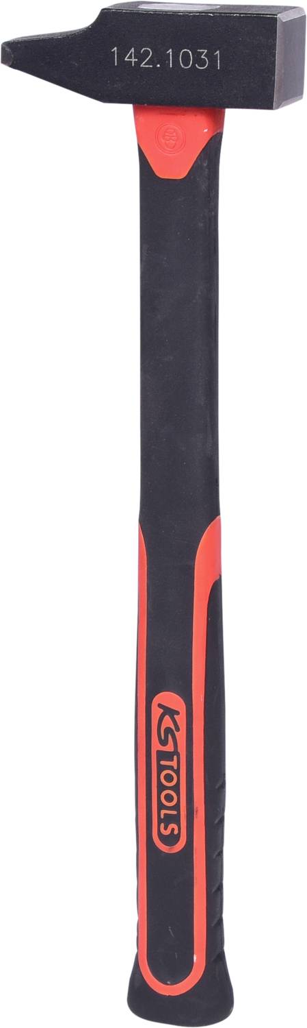 Ein lackierter, zweifarbiger Hammer mit schwarzem Griff und rotem Akzent sowie einer quadratischen Metallspitze.