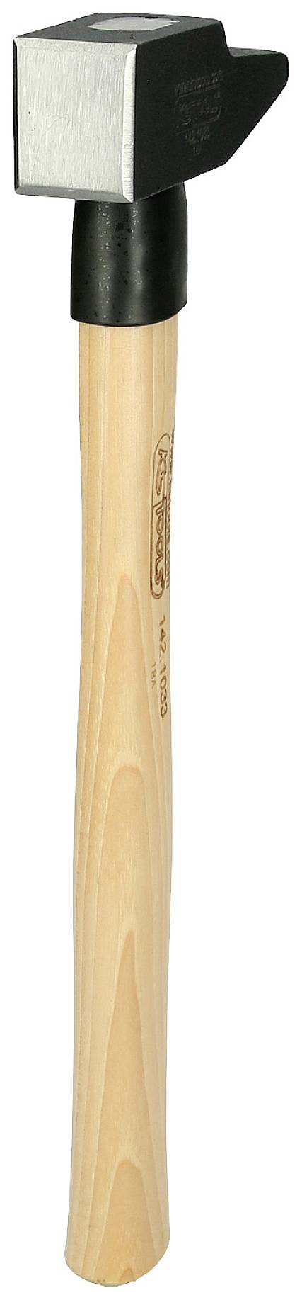 Ein schwarzer Hammerkopf mit einem Holzgriff. Der Hammer ist leicht schräg dargestellt und zeigt ein schlichtes Design.