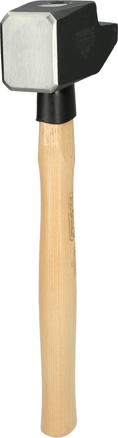 Ein Maurerhammer mit Holzgriff und schwarzem Metallkopf, geeignet für Mauerarbeiten und zum Setzen von Steinen oder Ziegeln.