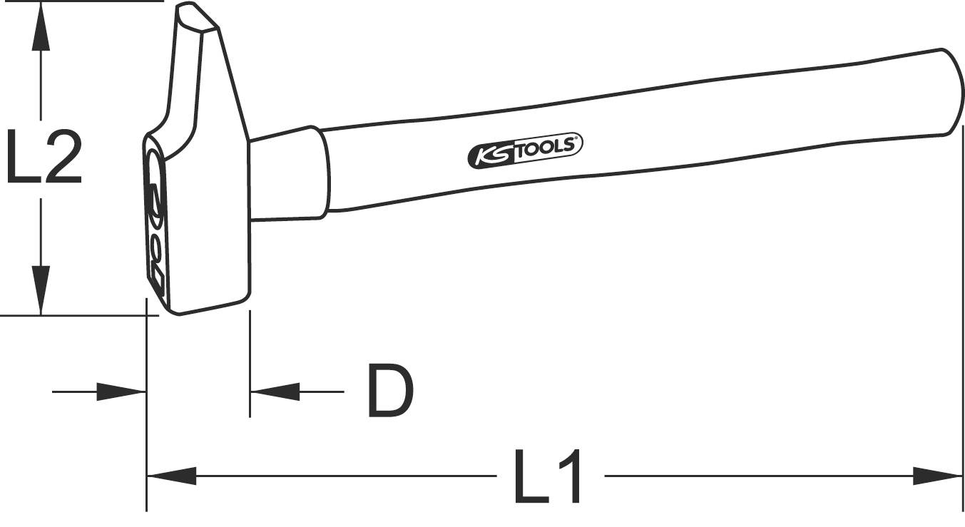 Zeichnung eines Hammers mit Maßangaben: Länge des Griffs (L1), Kopfgröße (L2), und Abstand (D) zwischen Griff und Kopf. Markierung von 'KS Tools'.