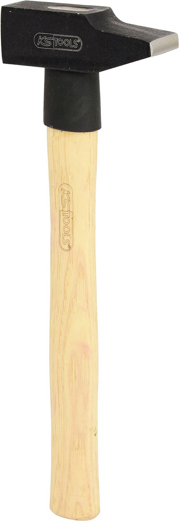 Ein Hammer mit einem Holzgriff und einem schwarzen, metallischen Kopf.