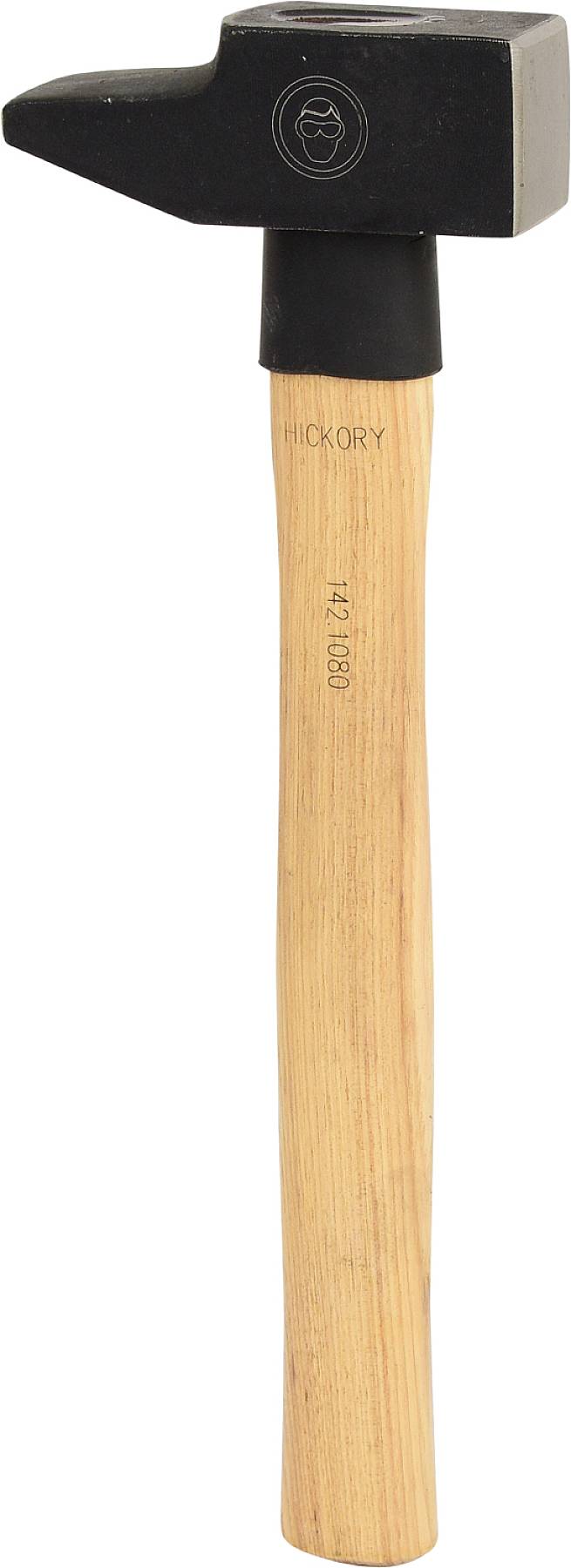Holzhammer mit einem Metallkopf, auf dem ein Logo eingraviert ist. Der Stiel hat die Aufschrift 'Hickory' und '1423 1000g'.