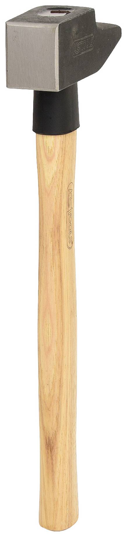 Ein Hammer mit einem langen Holzgriff und einem schweren, rechteckigen Stahlkopf, geeignet für schwere Bauarbeiten.