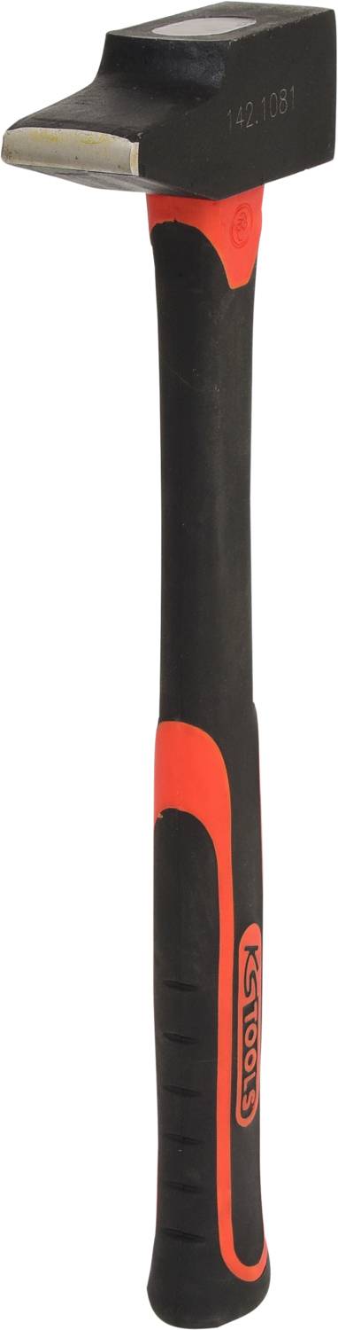 Ein schwarzer Hammer mit rotem Griff und rechteckigem Kopf. Geeignet für allgemeine Arbeiten und Handwerksprojekte.