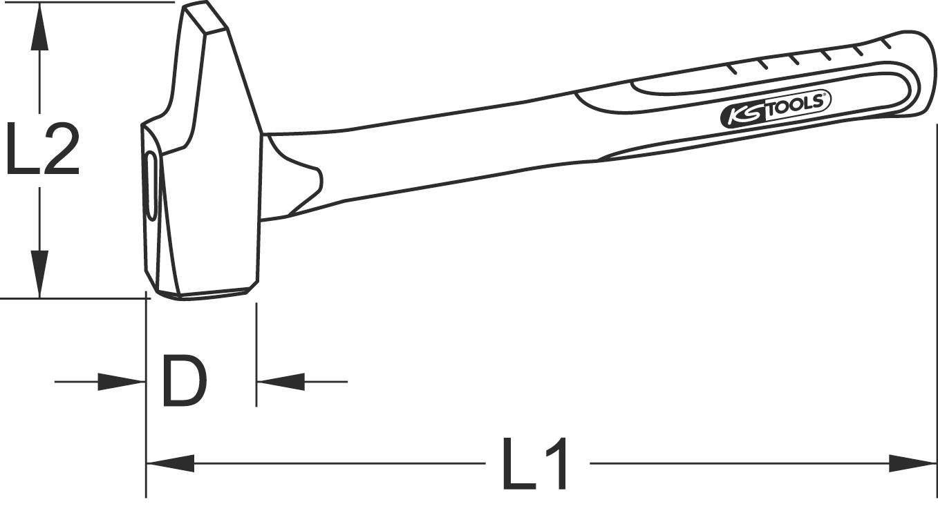 Diagramm eines Hammers mit Markierungen: KS Tools. Länge L1, Kopfbreite L2, Hammerkopfdurchmesser D.