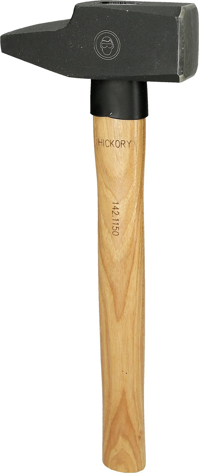 Ein Hammer mit einem Holzgriff und einem schwarzen Metallkopf. Der Griff ist mit 'Hickory' bedruckt.