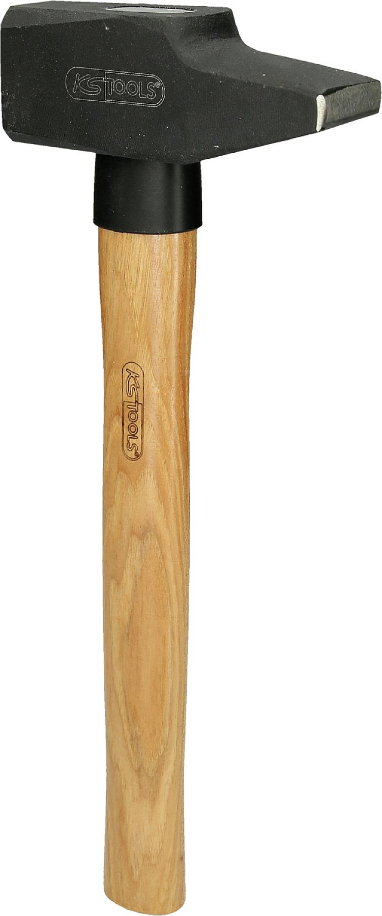Ein Schmiedehammer mit Holzgriff und schwarzem Kopf, geeignet für Metallbearbeitung und handwerkliche Arbeiten.