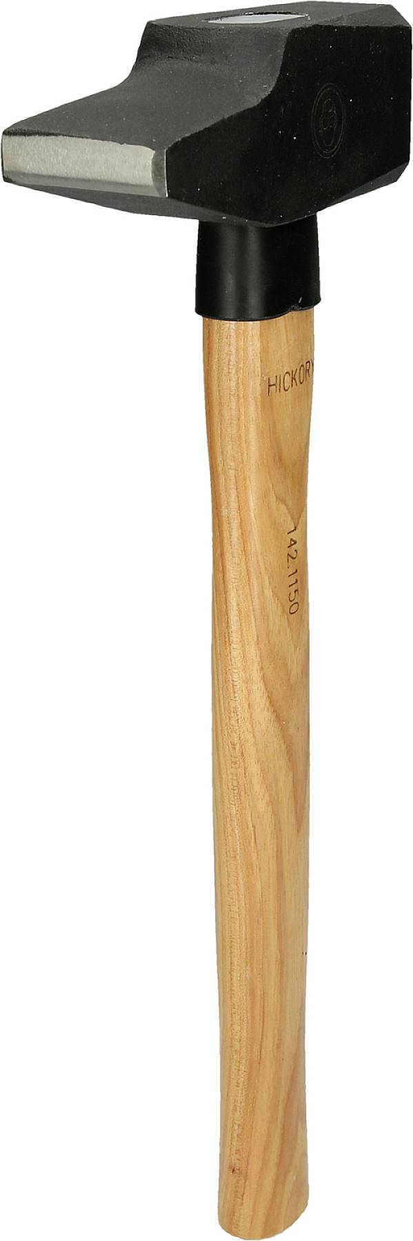 Ein Mauerhammer mit einem hölzernen, hellbraunen Griff und einem schwarzen Stahlkopf, geeignet zum Bearbeiten von Stein oder Ziegel.