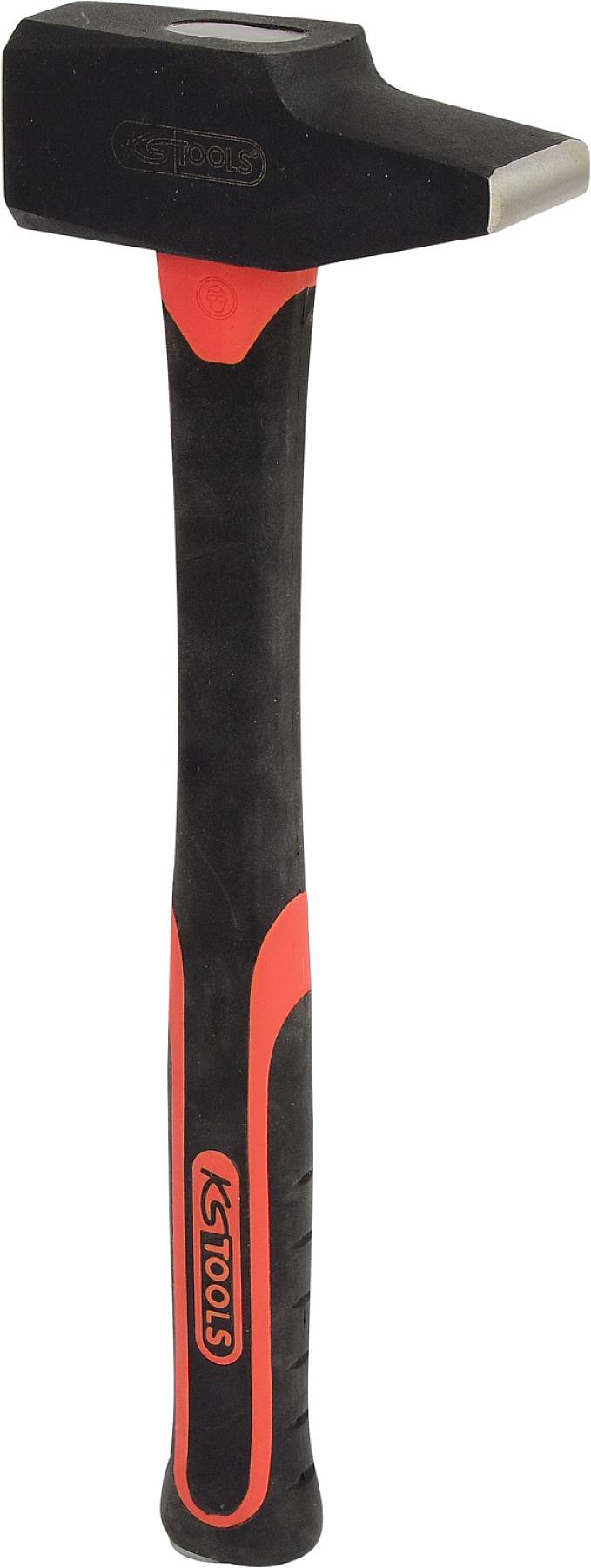 Ein schwarzer Hammer mit rotem Griff, geeignet für schwere Handwerksarbeiten.