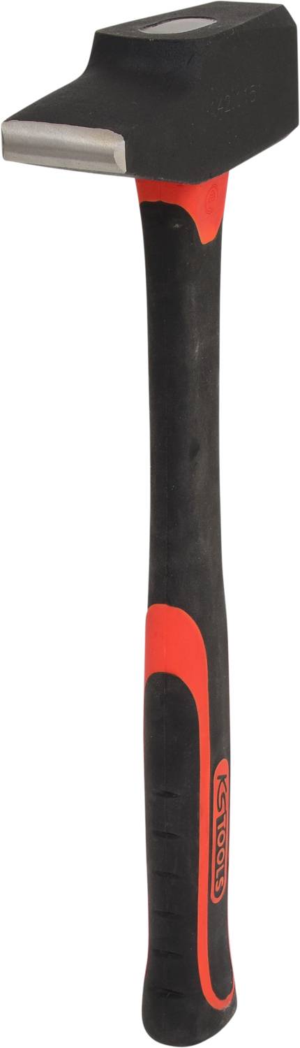 Ein Hammer mit langem schwarzem Griff und rotem Akzent. Der Kopf ist massiv, geeignet für Schwerarbeit wie Zimmerer- oder Bauarbeiten.