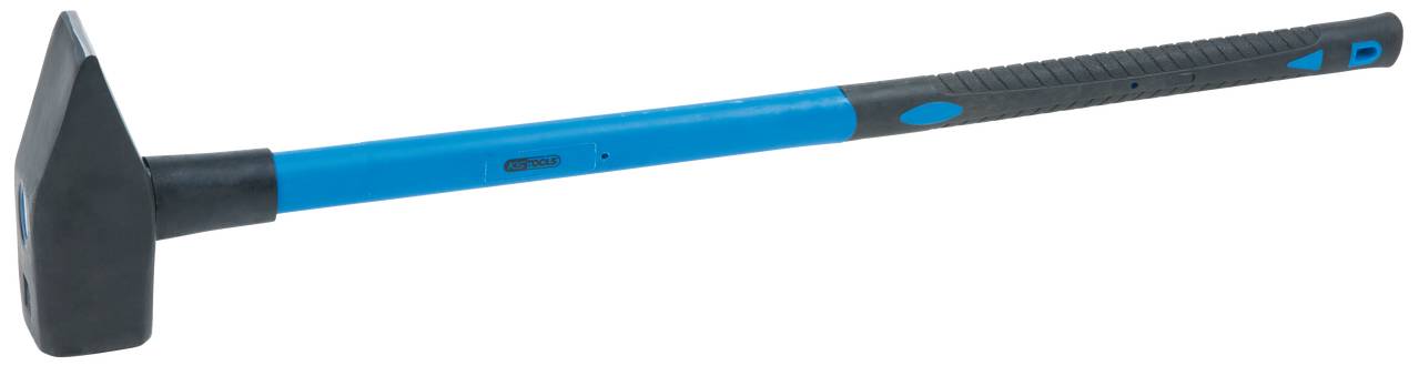 Ein blauer Vorschlaghammer mit langem Griff und schwarzem Kopf, verwendet für schwere Schlagarbeiten.