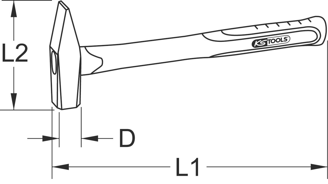Abbildung eines Hammers. Der Kopf zeigt die Maße Länge (L2) und Durchmesser (D), der Schaft die Gesamtlänge (L1).
