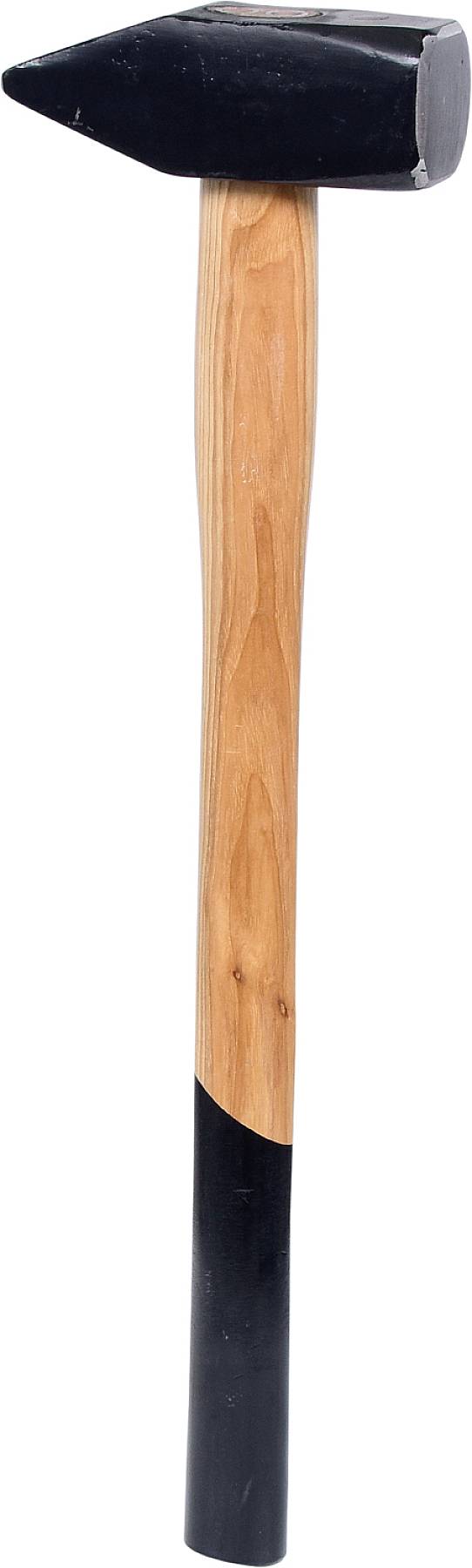 Ein Vorschlaghammer mit einem hölzernen Stiel und einem großen schwarzen Stahlkopf.