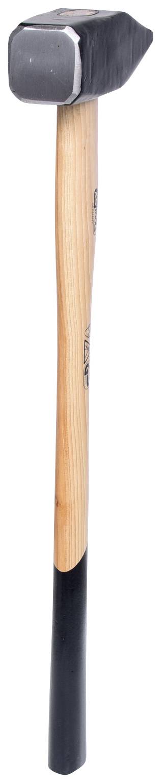 Ein Vorschlaghammer mit langem Holzgriff und schwarzem, rechteckigem Metallkopf.
