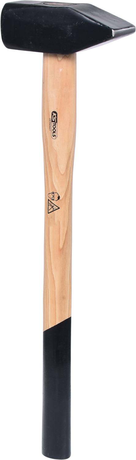 Ein Schlägel mit einem langen Holzgriff und einem massiven schwarzen Metallkopf, verwendet zum Spalten oder Zerkleinern von Materialien.