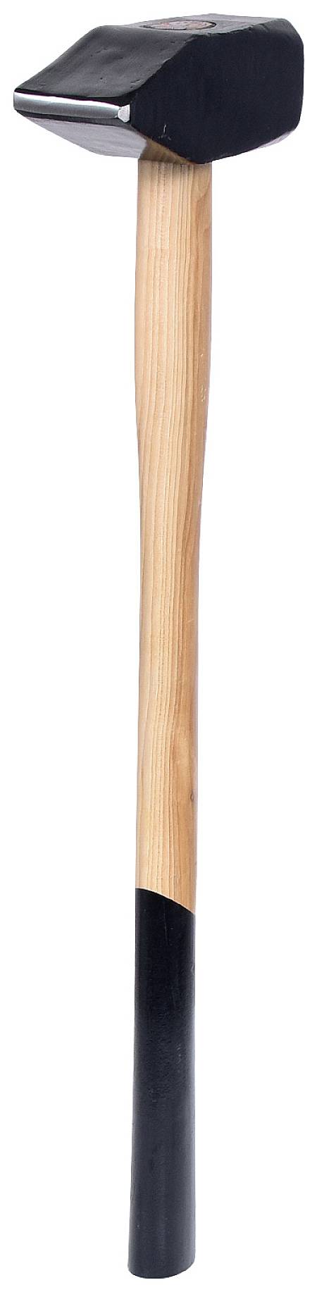 Ein Vorschlaghammer mit einem schweren, schwarzen Metallkopf und einem langen, robusten Holzgriff mit schwarzem Ende.