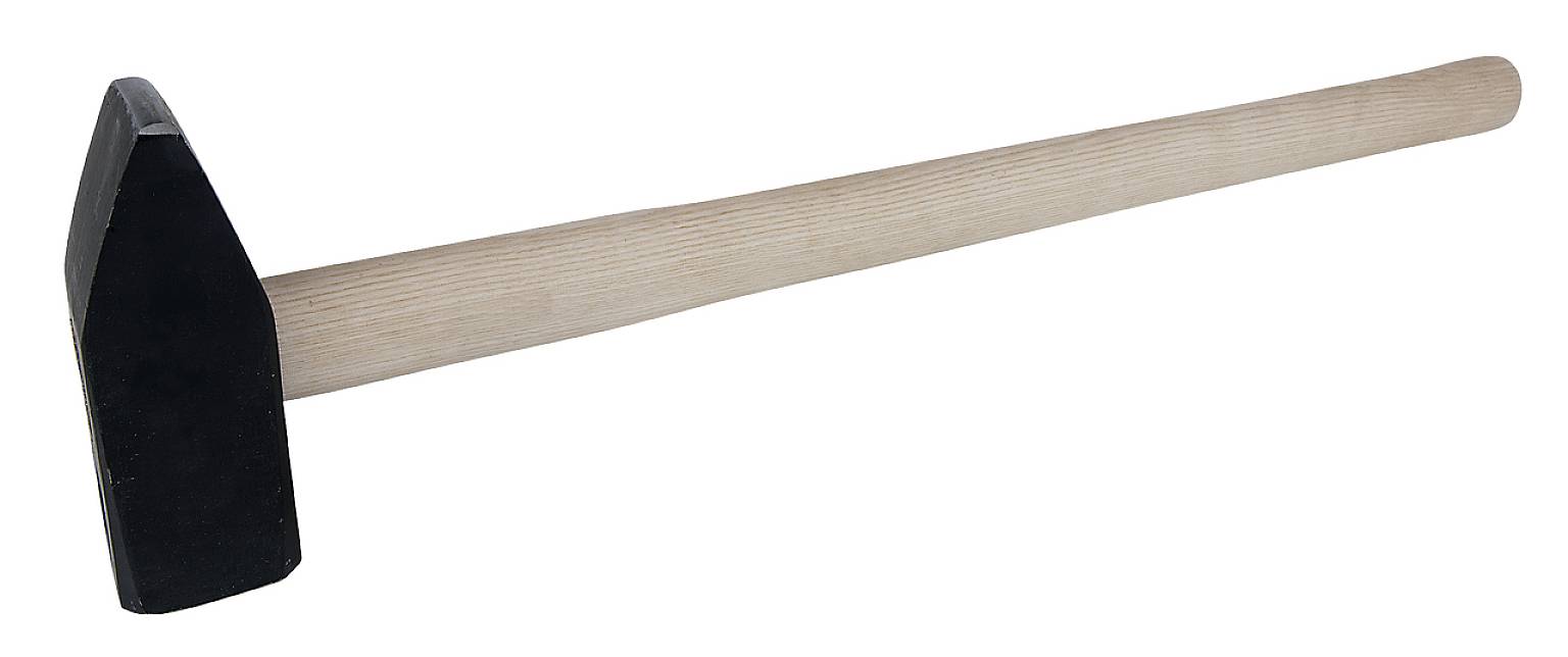 Ein großer Vorschlaghammer mit langem, hölzernem Griff und schwerem, schwarzem Metallkopf. Geeignet für schwere Bauarbeiten.