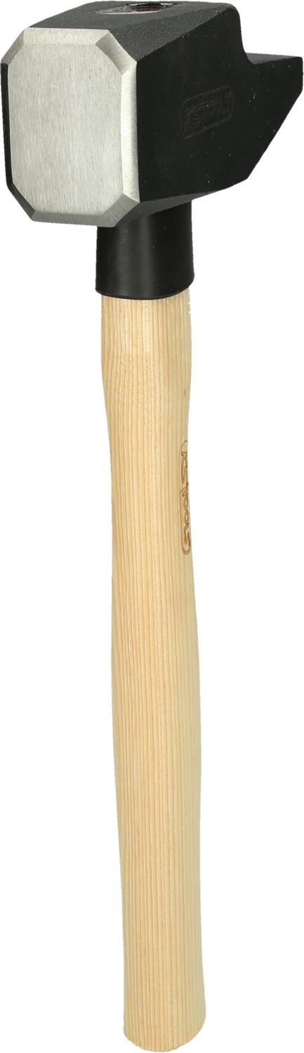 Ein zweihändiger Hammer mit einem Holzgriff und einer schweren, rechteckigen Metallkopfform, zum Spalten großer Holzstücke geeignet.
