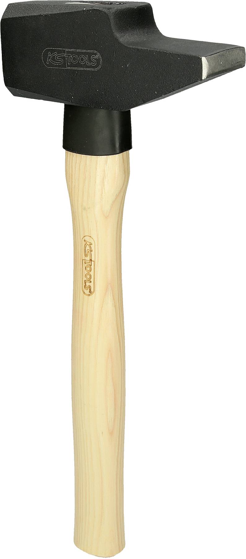 Ein Hammer mit Holzgriff und schwarzem, rechteckigem Kopf, geeignet zum Schneiden von Steinen oder Pflasterarbeiten.