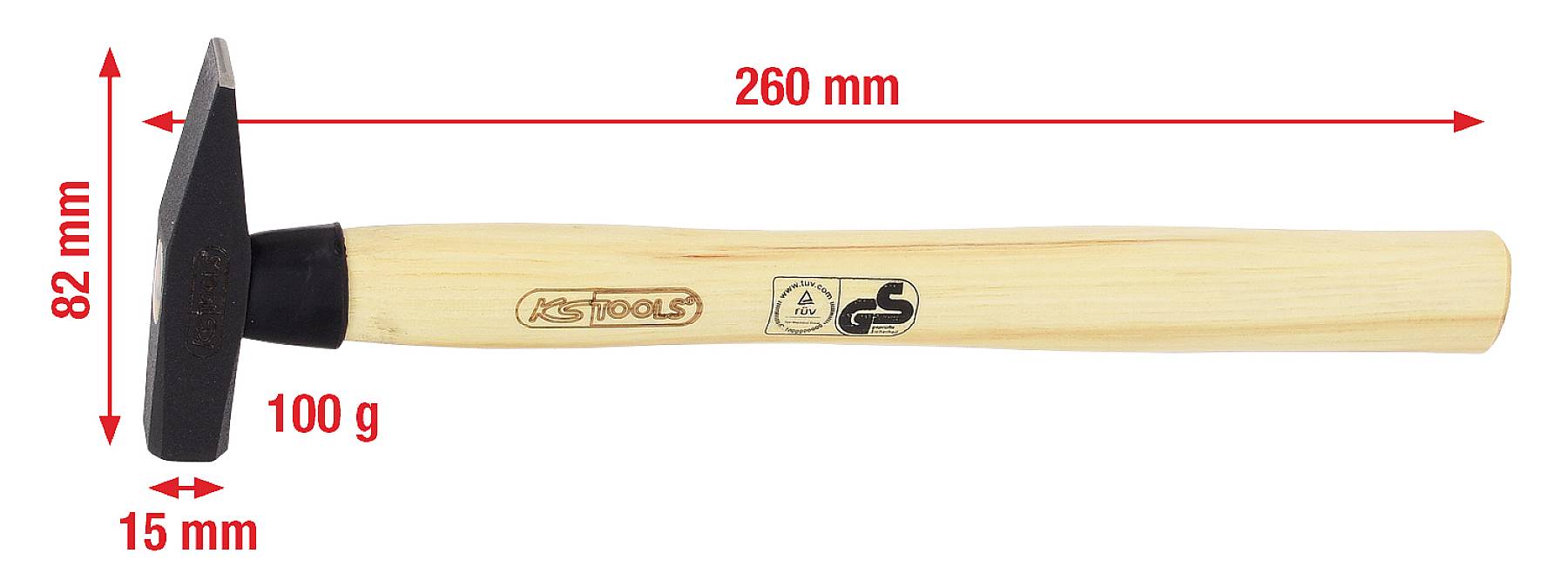 Ein Hammer mit Holzgriff. Die Gesamtlänge beträgt 260 mm; die Höhe des Kopfes ist 82 mm, Breite 15 mm. Gewicht: 100 g.