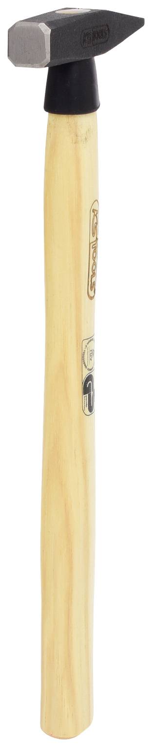 Ein Hammer mit einem hölzernen Griff und einem metallischen Kopf, geeignet für handwerkliche Arbeiten wie Nageln oder Hämmern.