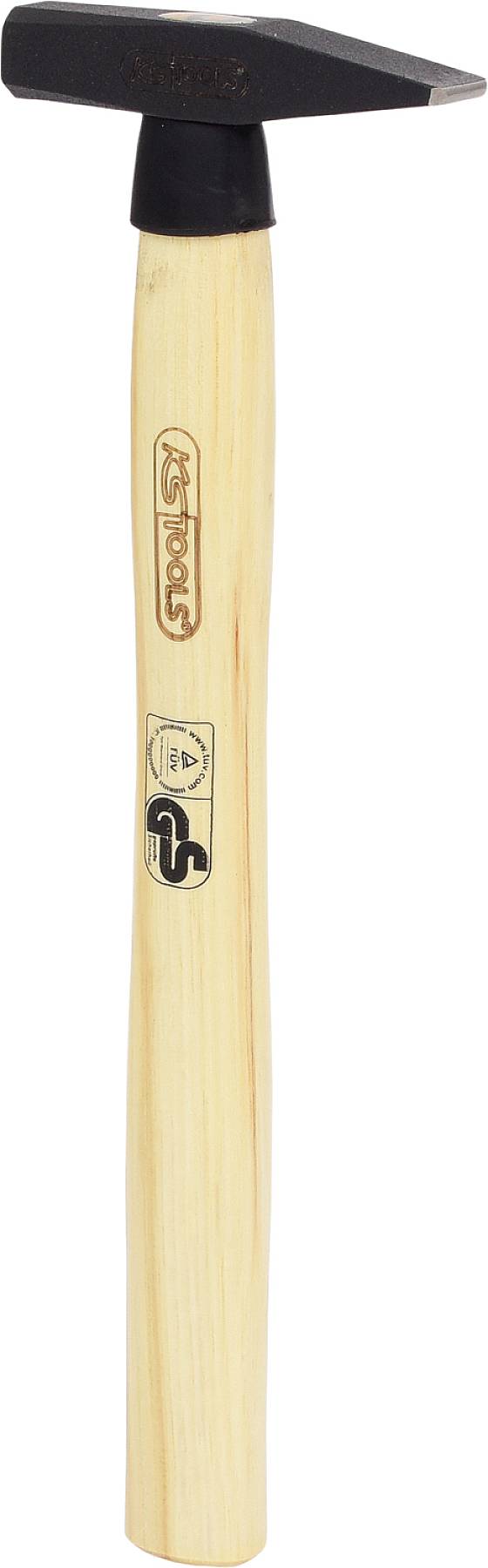 Ein Hammer mit hellem Holzgriff und schwarzem Metallkopf. Markierungen und Logos sind auf dem Griff abgebildet.