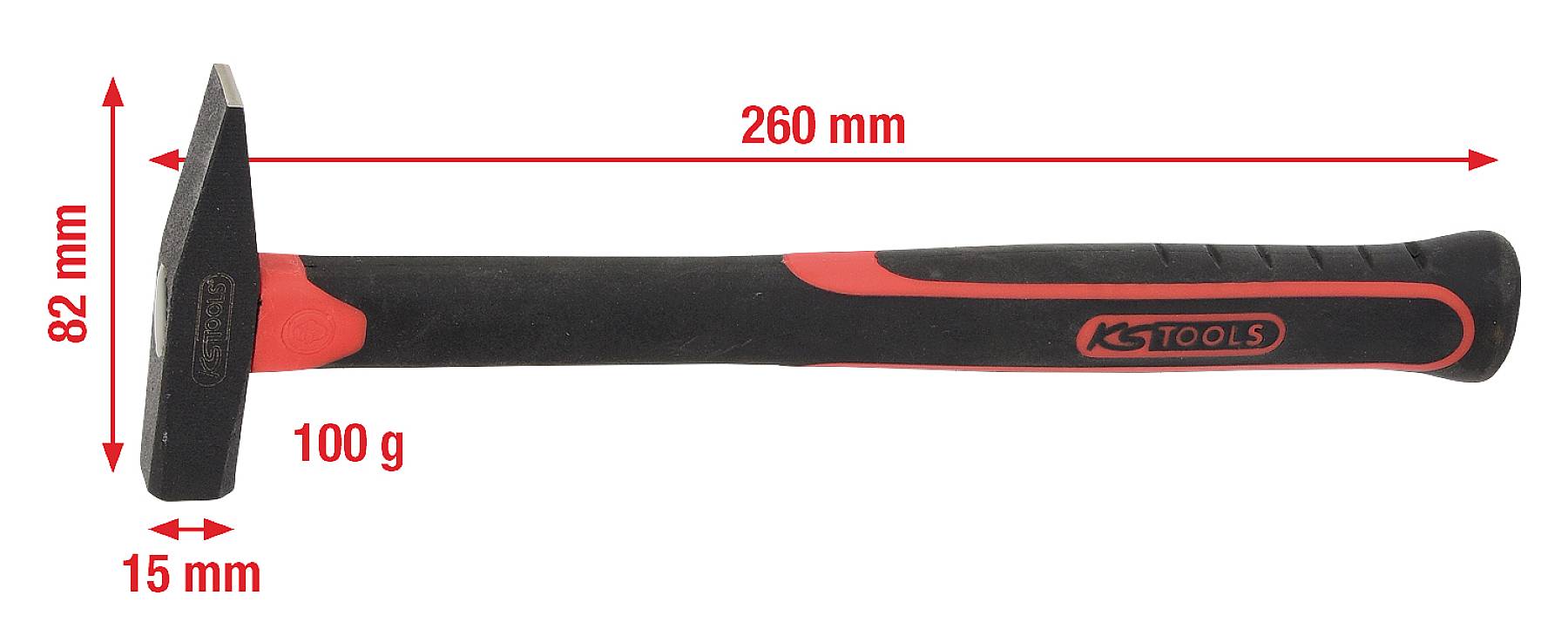 Schwarzer Hammer mit rotem Griff. Länge: 260 mm, Kopfbreite: 15 mm, Gesamthöhe: 82 mm, Gewicht: 100 g. Markierung: 'KS TOOLS'.