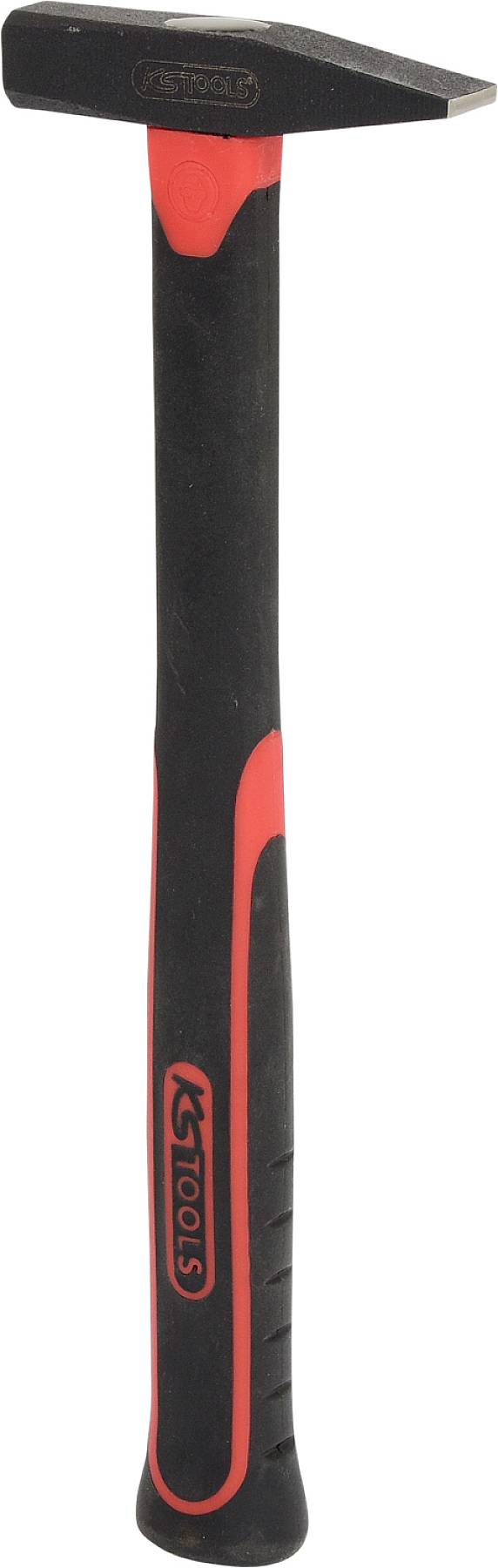 Ein schwarzer und roter Schlosserhammer mit gummiertem Griff, geeignet für Metallarbeiten und Werkstätten.