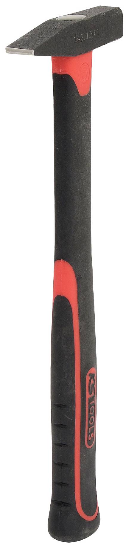 Ein schwarzer Hammer mit rotem Griff und einer starren Spitze, geeignet für präzise Arbeiten wie Glas- oder Metallbearbeitung.