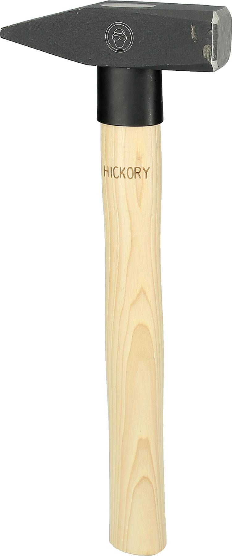 Hammer mit Holzgriff und Metallkopf, Beschriftung „HICKORY“ auf dem Griff. Verwendet für handwerkliche Arbeiten oder Bauarbeiten.