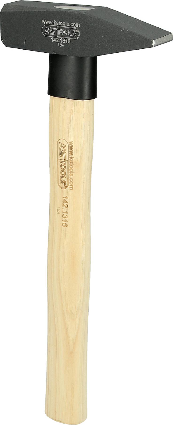 Ein Hammer mit einem hölzernen Griff und einem schwarzen Metallkopf, geeignet für Handwerks- oder Bauarbeiten.