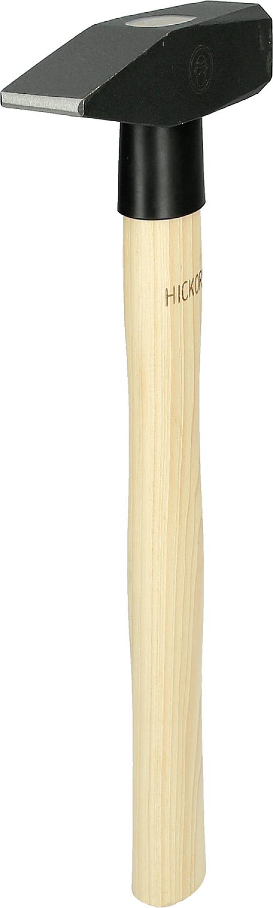 Ein Hämmer mit Holzgriff und schwarzem Metallkopf, geeignet für handwerkliche Arbeiten. Der Name 'Hickory' ist auf den Griff gedruckt.
