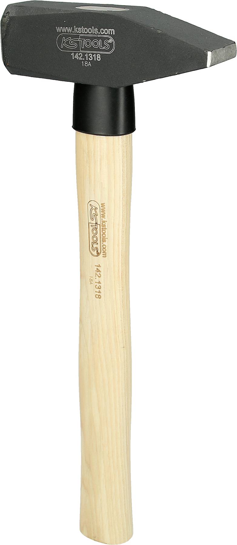 Ein Hammer mit Holzgriff und Metallkopf, auf dem der Markenname aufgedruckt ist, auf weißem Hintergrund.